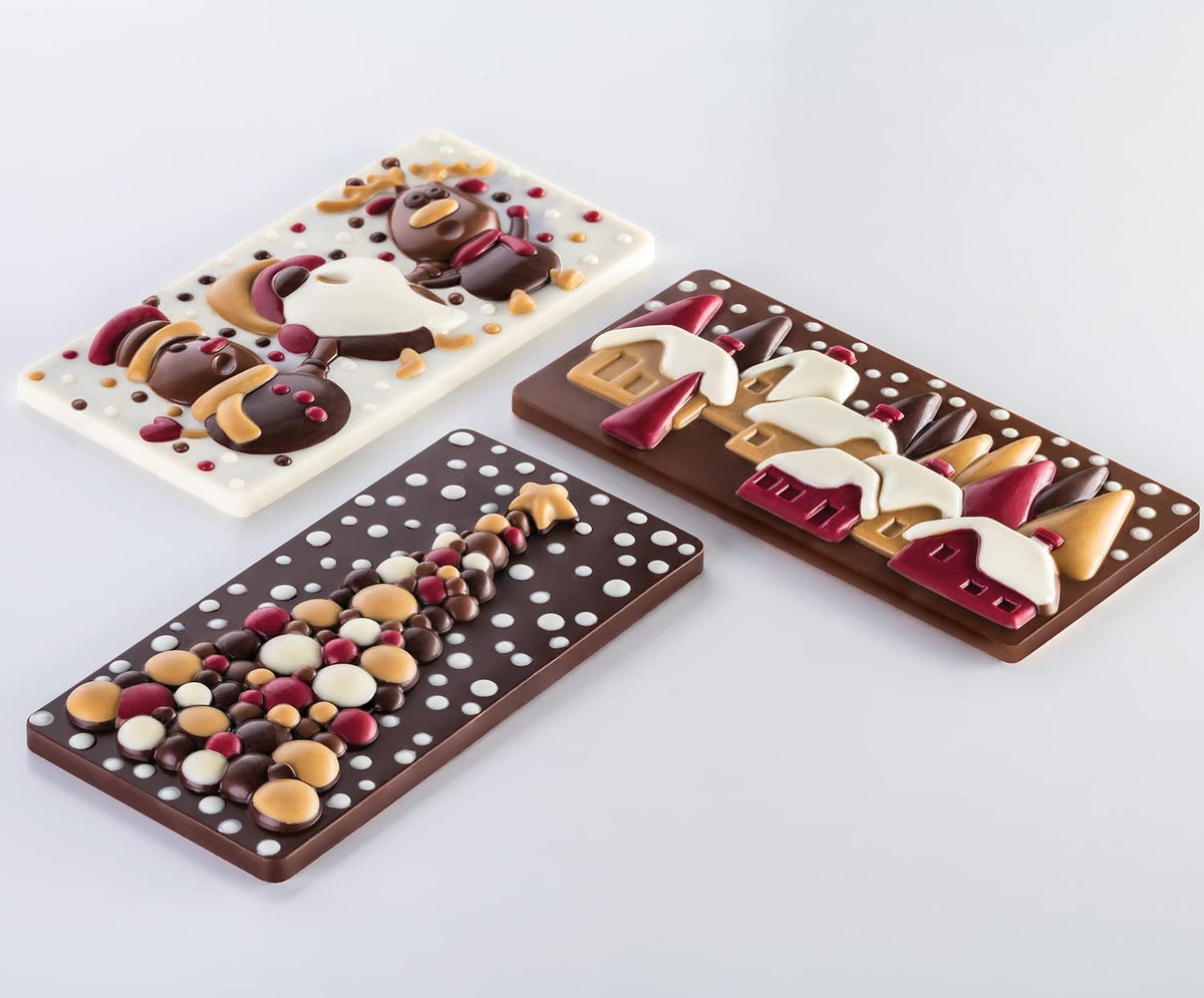 Polycarbonate Chocolate-Bar Mold with Three Xmas-Village Cavities by Pavoni – 77mm x 154mm x 10mm H, Polycarbonate, Xmas Village, Model PC5038