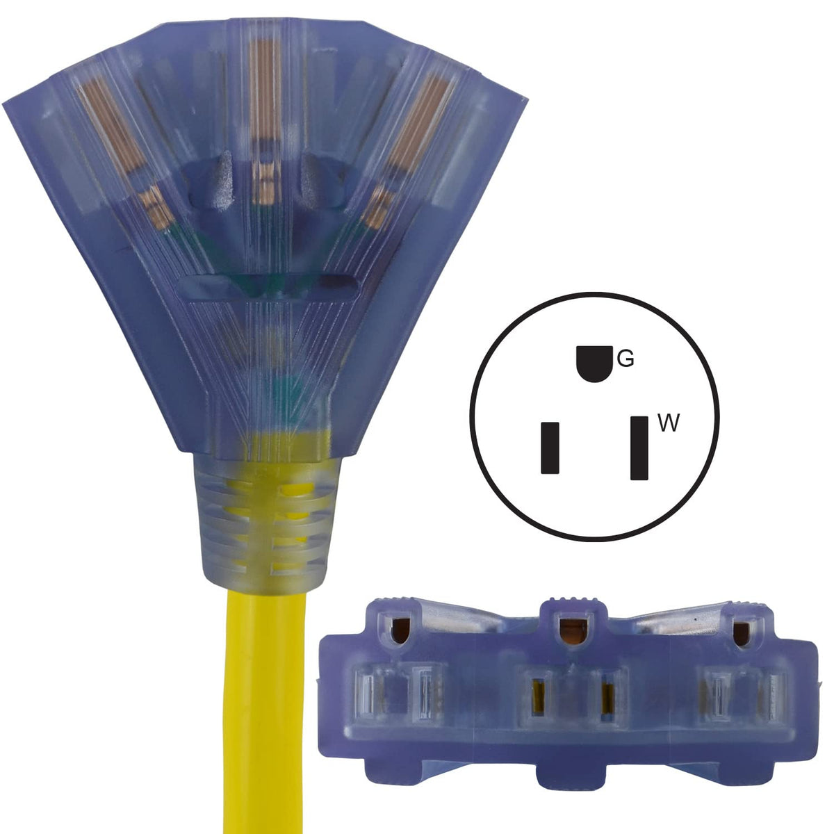 1.5-Feet 20-Amp STW 12/3 Tri-Outlet Cord by Conntek – 9"L x 6"W x 4"H, Yellow/Blue, Model WL520515