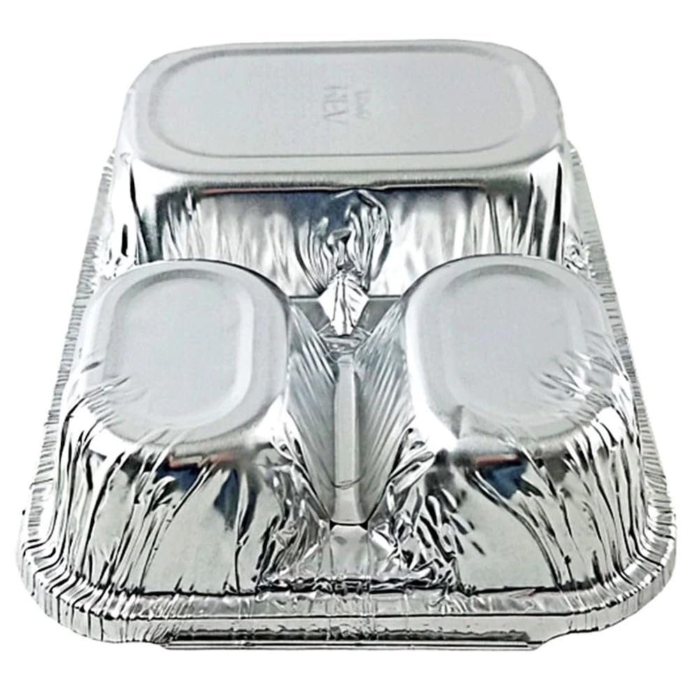 Handi Foil Oblong 3 Compartment Tray with Lid - 250 per case. by Handi-Foil – 8.75" x 6.75" x 1.5", Aluminum, Silver, Pack of 250, Model 2045-35-250W