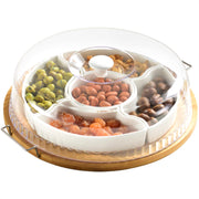 Yarlung Ceramic Divided Appetizer Tray, 11 Inch Bamboo Platter with Handles and Lid, White