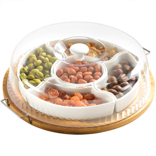 Yarlung Ceramic Divided Appetizer Tray, 11 Inch Bamboo Platter with Handles and Lid, White