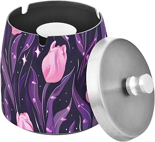 Pink Tulips Pattern Splash Ashtray with Lid, Outdoor Ashtrays for Patio