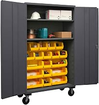 Durham 3502M-BLP-18-2S-95 Lockable Mobile Cabinet with 18 Yellow Hook-On Bins, 2 Adjustable Shelves, Flush Door Style, 48" Wide, 14 Gauge, Gray