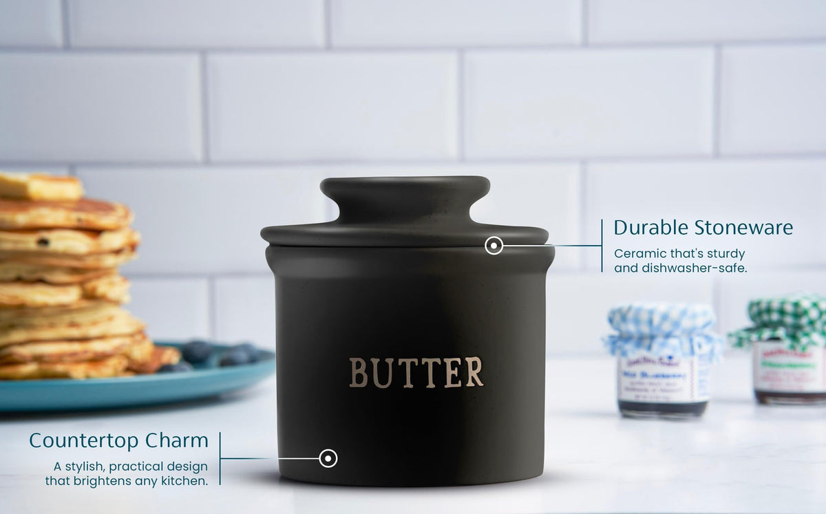 KooK Butter Keeper, Ceramic Crock with Bell Lid, Black