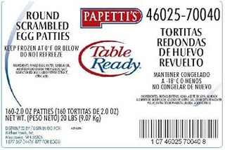 Michael Foods Papettis Plain Round Scrambled Egg Patty, 2 Ounce -- 160 per case.