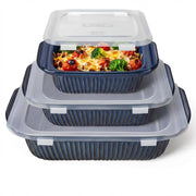 Artena Ceramic Casserole Set, 5.1 2.3 1.1 Quart Capacities, Blue With Lids