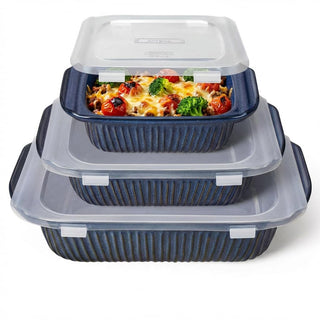 Artena Ceramic Casserole Set, 5.1 2.3 1.1 Quart Capacities, Blue With Lids