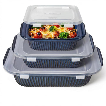 Artena Ceramic Casserole Set, 5.1 2.3 1.1 Quart Capacities, Blue With Lids
