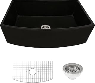 Ruvati 33 inch Fireclay Black Farmhouse Kitchen Sink Bow Front Curved Apron Single Bowl - RVL2398BK