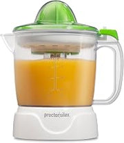 Proctor Silex 34 oz. Electric Citrus Juicer, Orange Juicer | Pressure Activated | 2 Reamers For Big and Small Fruit | Pulp Control | For Orange, Lemon, Grapefruit Juice | White & Green