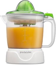 Proctor Silex 34 oz. Electric Citrus Juicer, Orange Juicer | Pressure Activated | 2 Reamers For Big and Small Fruit | Pulp Control | For Orange, Lemon, Grapefruit Juice | White & Green