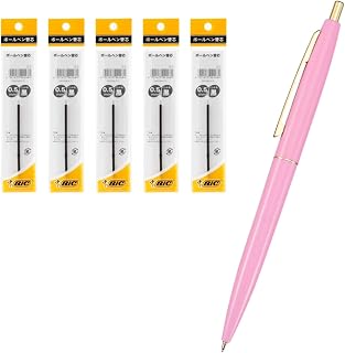 BIC Japan CLG05-BBKRF5 Ballpoint Pen, Click Gold, 0.5, Oil-Based, Black, Smooth, Baby Pink Axis, Refill, Set of 5