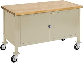 GLOBAL INDUSTRIAL Mobile Workbench with Security Cabinet, Maple Butcher Block Square Edge, 60 inchW x 30 inchD, Tan