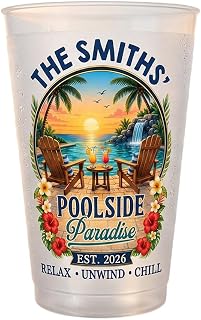Custom Poolside Party Cups - Personalized Summer Vacation Travel Gift Cups | Personalized Summer Gifts For Mom Dad Brother Sister Good Times Splashing Pool Party Drinkware Vacation Favors Cute Keepsake