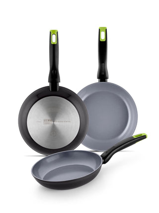 Frying Pan Set by Monix – 13 cm, 16 cm, 20 cm, 3.6 liters, Aluminum, Grau und Grün, Pack of 3