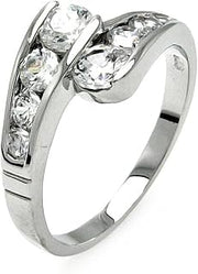 Clear Channel Set Cubic Zirconia Graduated Overlap Ring Rhodium Plated Sterling Silver