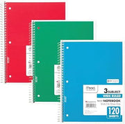Mead Spiral Notebooks, 3 Subject, Wide Ruled Paper, 120 Sheets, 10-1/2" x 7-1/2", Red, Green, Blue, 3 Pack (73179)