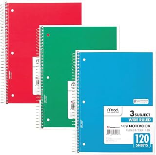 Mead Spiral Notebooks, 3 Subject, Wide Ruled Paper, 120 Sheets, 10-1/2" x 7-1/2", Red, Green, Blue, 3 Pack (73179)