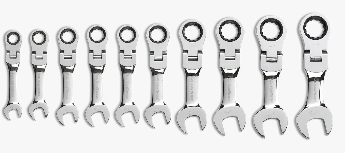 10 Pc 72T Stubby Flex Ratcheting Combination mm Wrench Set by GEARWRENCH – Alloy Steel, Solid Black, Model 9550