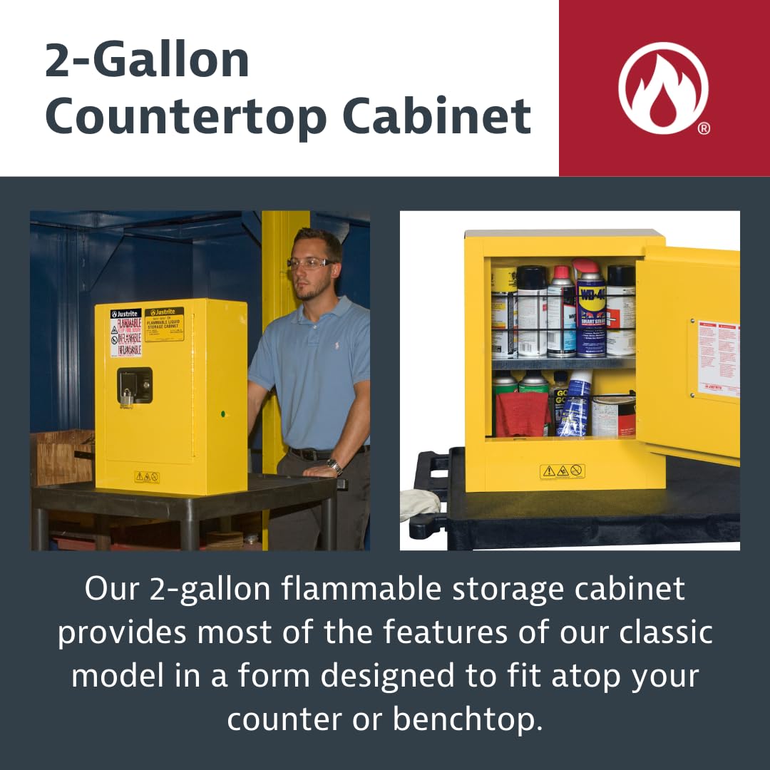 2 Gallon Manual Close Countertop Flammable Storage Cabinet by Justrite – 2 Gallon, 18 Gauge Steel, Yellow, Model 890200