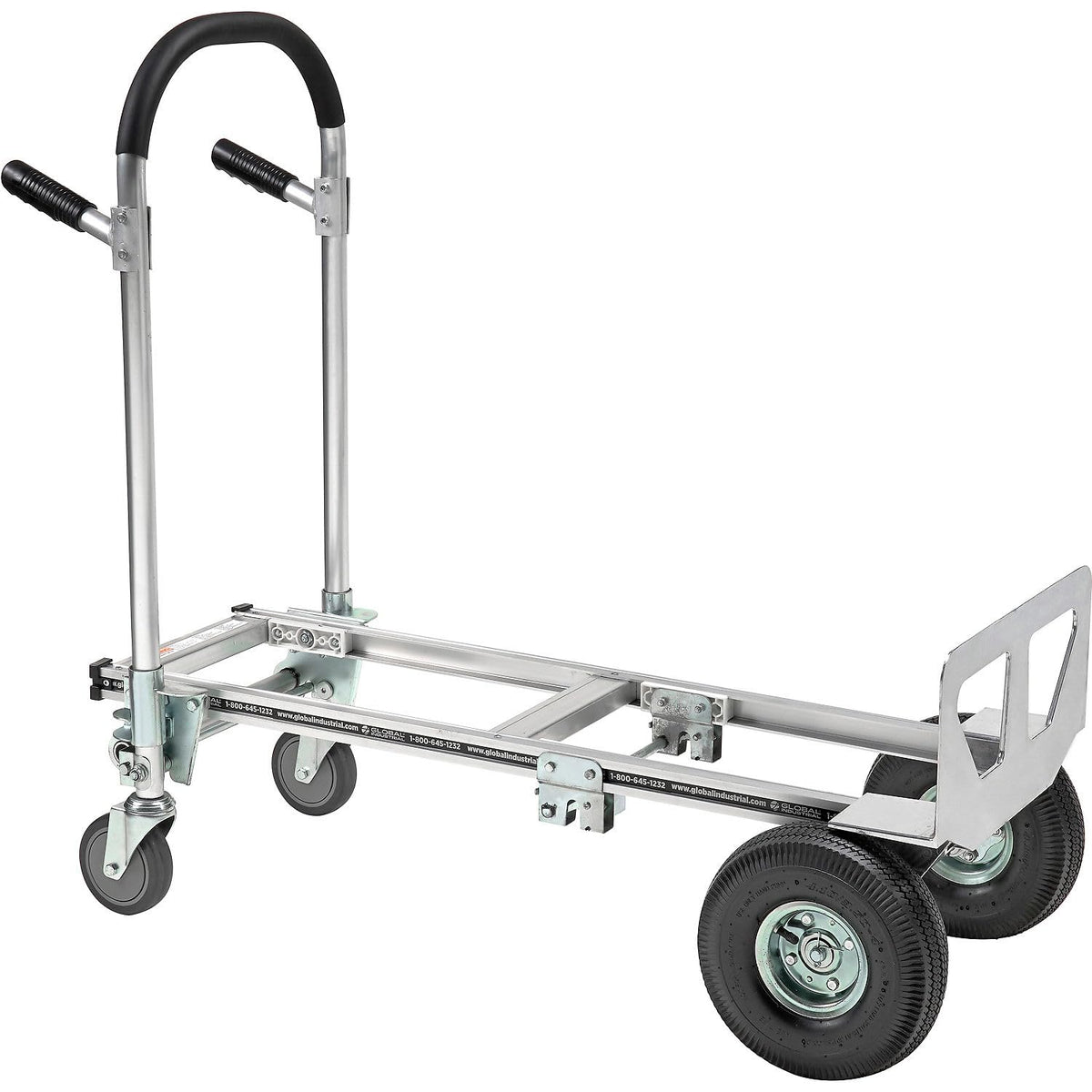 Aluminum 2-in-1 Convertible Hand Truck with Pneumatic Wheels - Junior by Global Industrial – 24"L x 60"W x 7"H, Aluminum, Gray, Model 241664