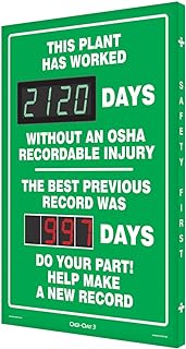 Accuform SCK120 Digi-Day Electronic Scoreboard, "THIS PLANT HAS WORKED _ DAYS W/O AN OSHA RECORDABLE INJURY - THE BEST PREVIOUS RECORD WAS _ DAYS - DO YOUR PART! HELP MAKE A NEW RECORD"
