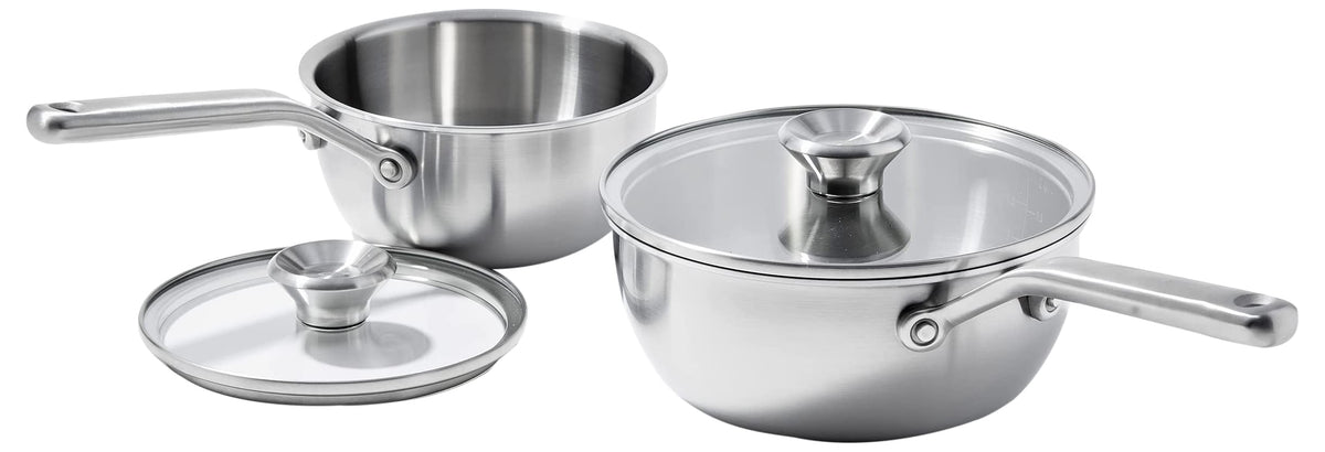 OXO 1.5QT & 3.57QT Chef's Pans with Lids / 1.5QT and 3QT Saucepan Pot Set with Lids / Silver Chef's Pans