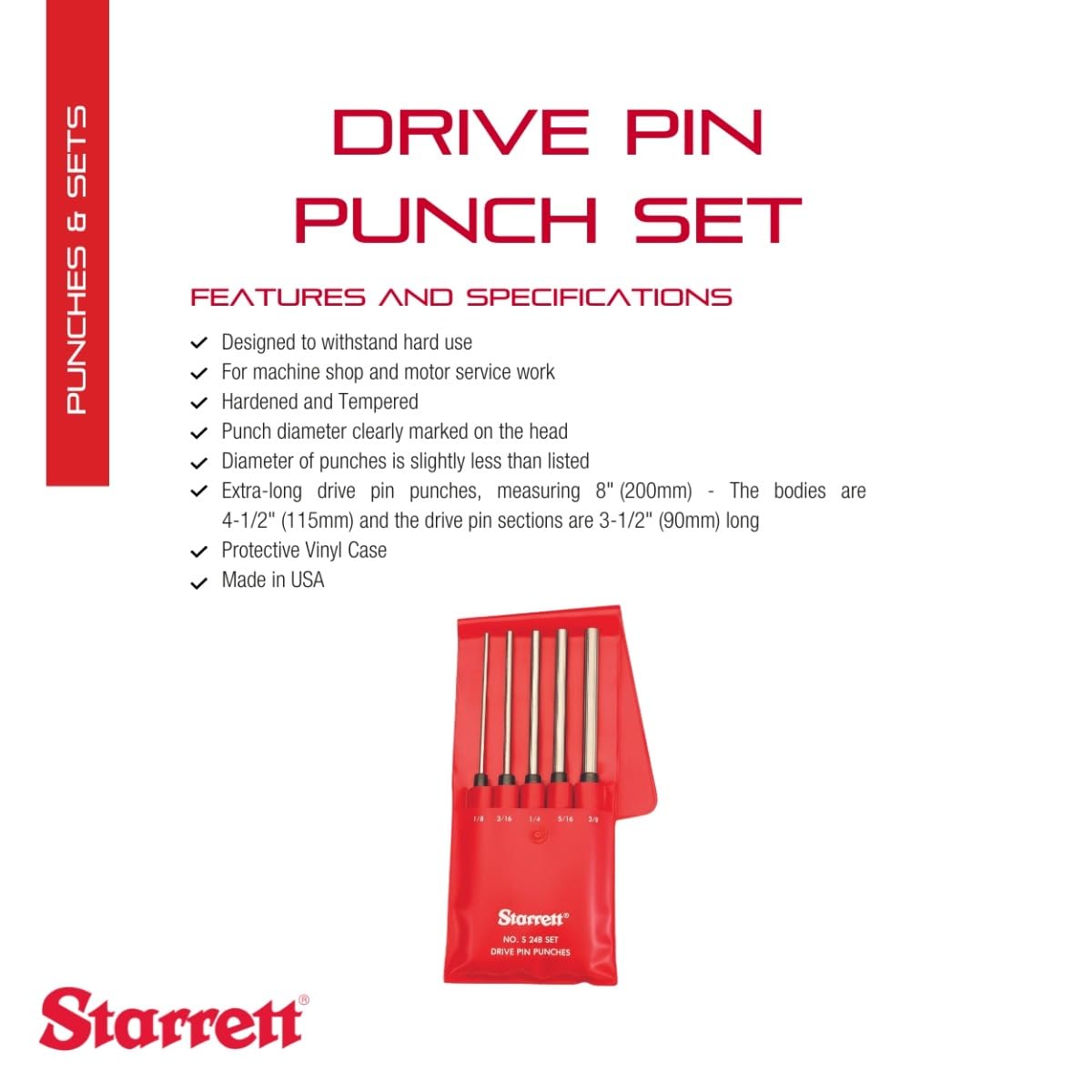 Starrett 5 Piece Set / Chrome / Industrial Pin Punches