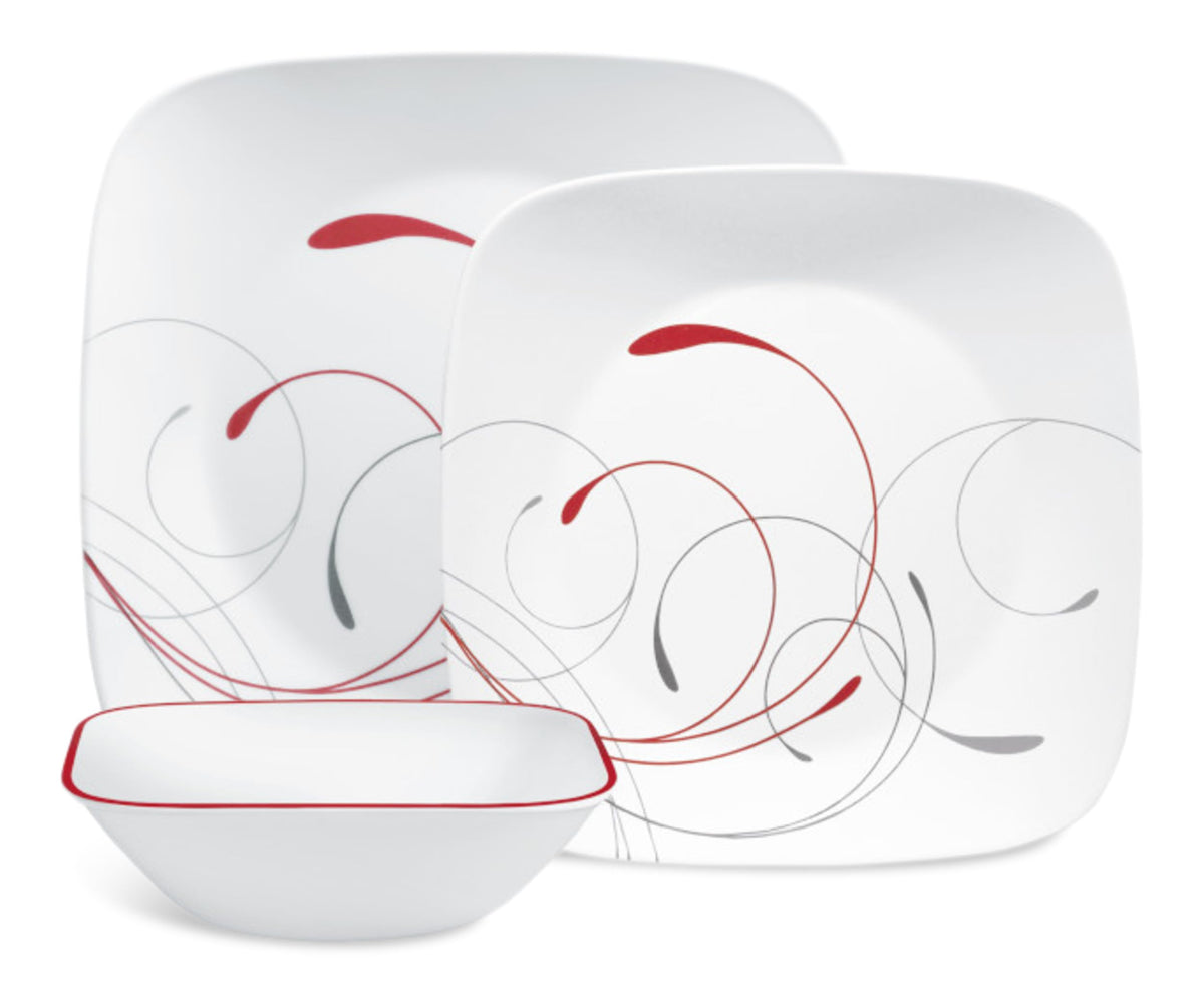 Square Splendor 12-Piece Dinnerware Set by Corelle – Glass, Gray, Pack of 12