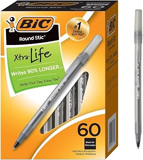 BIC Round Stic Xtra Life Black Ballpoint Pens, Medium Point (1.0mm), 60-Count Pack of Bulk Pens, Flexible Round Barrel for Writing Comfort, No. 1 Selling Ballpoint Pens