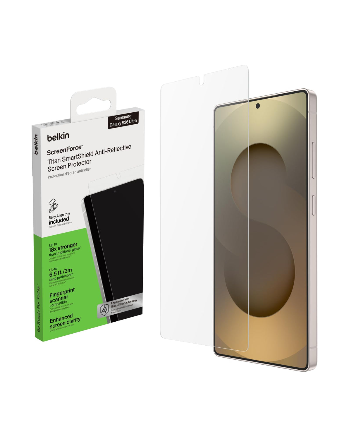 ScreenForce Titan SmartShield Anti-Reflective Samsung Galaxy S26 Ultra Screen Protector by Belkin – S26 Ultra, Nano-Titan technology, Clear, Model OVB074hq