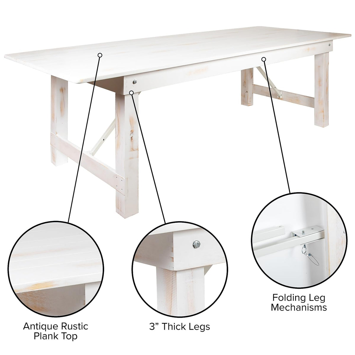 HERCULES Series 7' x 40" Rectangular Antique Rustic White Solid Pine Folding Farm Table by Flash Furniture – 7'L x 40"W, Pinus Glabra, Steel, Pine Wood, Model XA-F-84X40-WH-GG