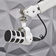 RODE PodMic Dynamic Podcasting Microphone (White) with RODE PSA1+ Professional Studio Arm (White) and XLR Cable by StreamEye – Metal, Model Pod Mic, GFW-0250