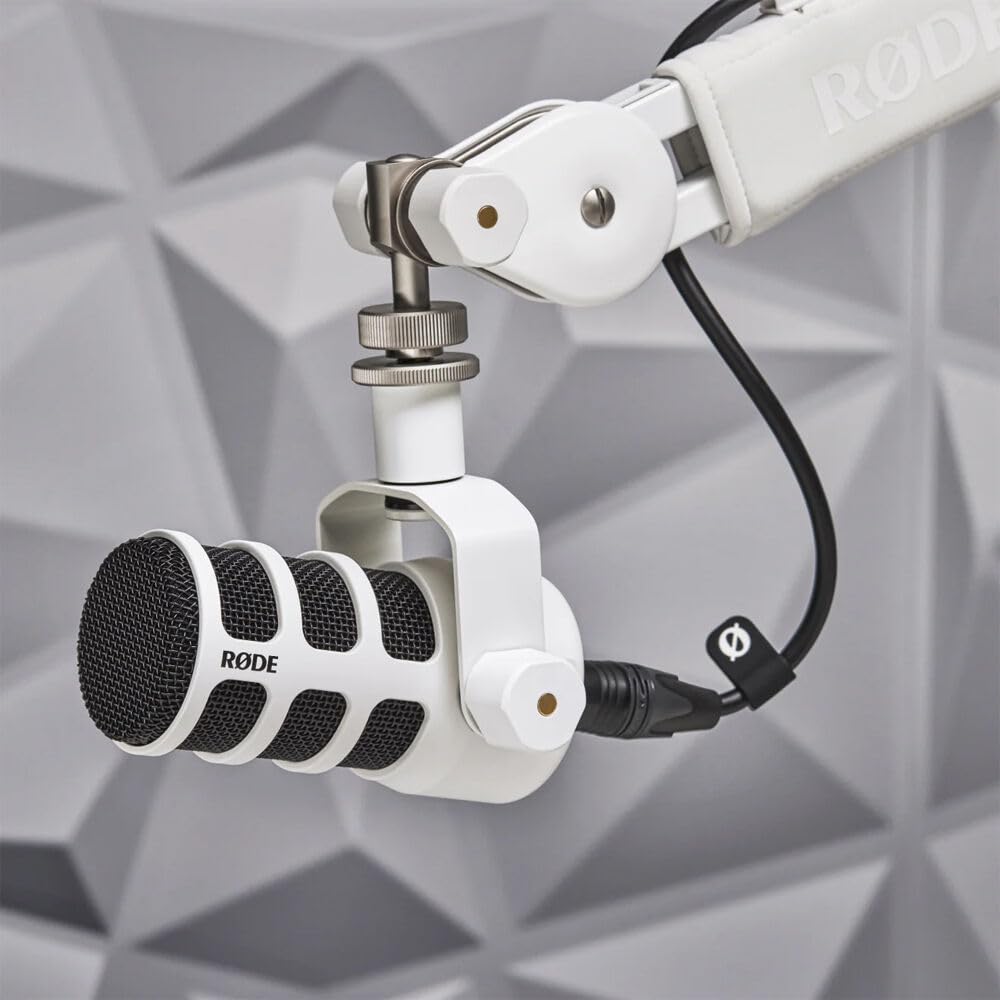 RODE PodMic Dynamic Podcasting Microphone (White) with RODE PSA1+ Professional Studio Arm (White) and XLR Cable by StreamEye – Metal, Model Pod Mic, GFW-0250
