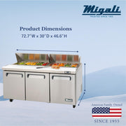 72″, 30 Pans, Big Top Sandwich Prep Table by Migali – 25.2 cubic_feet, Stainless Steel Exterior and Interior, Stainless Steel, Model C-SP72-30BT-HC