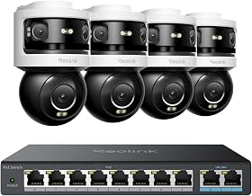 REOLINK Triple-Lens Security Camera Outdoor, 10MP 180° Panoramic & 4K PT with Auto Tracking, Switch with 8 Ports and 2 Gigabit Uplink Ports, OMVI 3i PoE x4 Bundle with PoE Switch