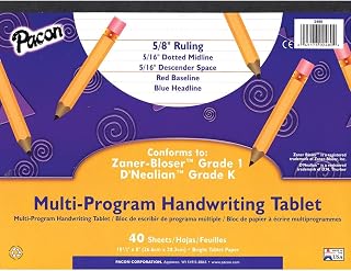 Pacon Long Ruled Handwriting Tablet, 8" x 10.5", 40 Sheets/Each, 1 Tablet | Multi-Program, D'Nealian Grade K, Zaner-Bloser Grade 1, 5/8" Ruling, 5/16" Dotted Midline, 5/16" Descender Space, PAC2480