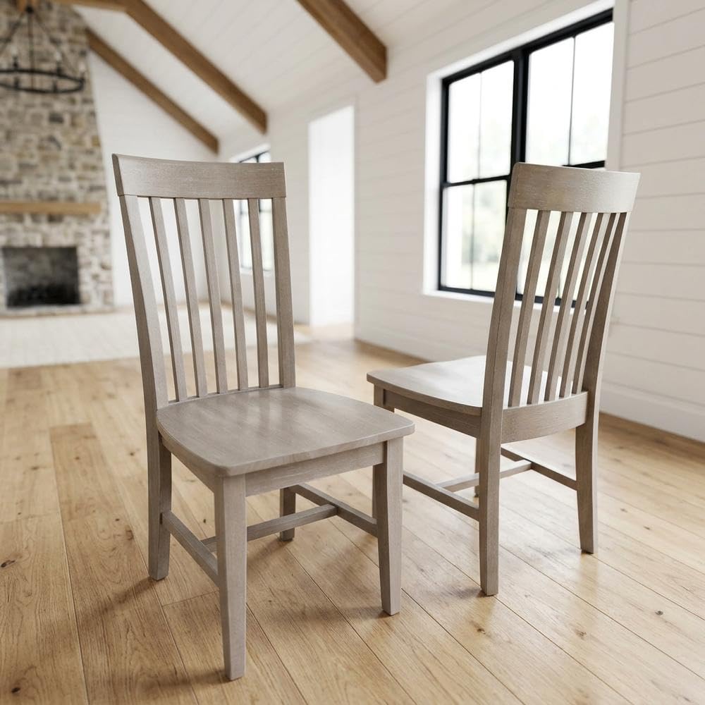 Solid Wood Dining Chair with Mission-Style Frame by Furnifact – Wood, Washed Gray Taupe, Pack of 2