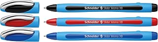 Schneider Slider Memo XB (Extra Broad) Ballpoint Pen, 1.4 mm, Light Blue Barrel, Assorted Ink Colors, Pack of 3 Pens: Black, Red, Blue (150293)