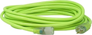 Southwire Heavy Duty Extension Cord, 25Ft, 12 Gauge, 3 Conductor, High Visibility Outdoor Cord, Lighted End, SJTW, Cool Green, 2577SW000X