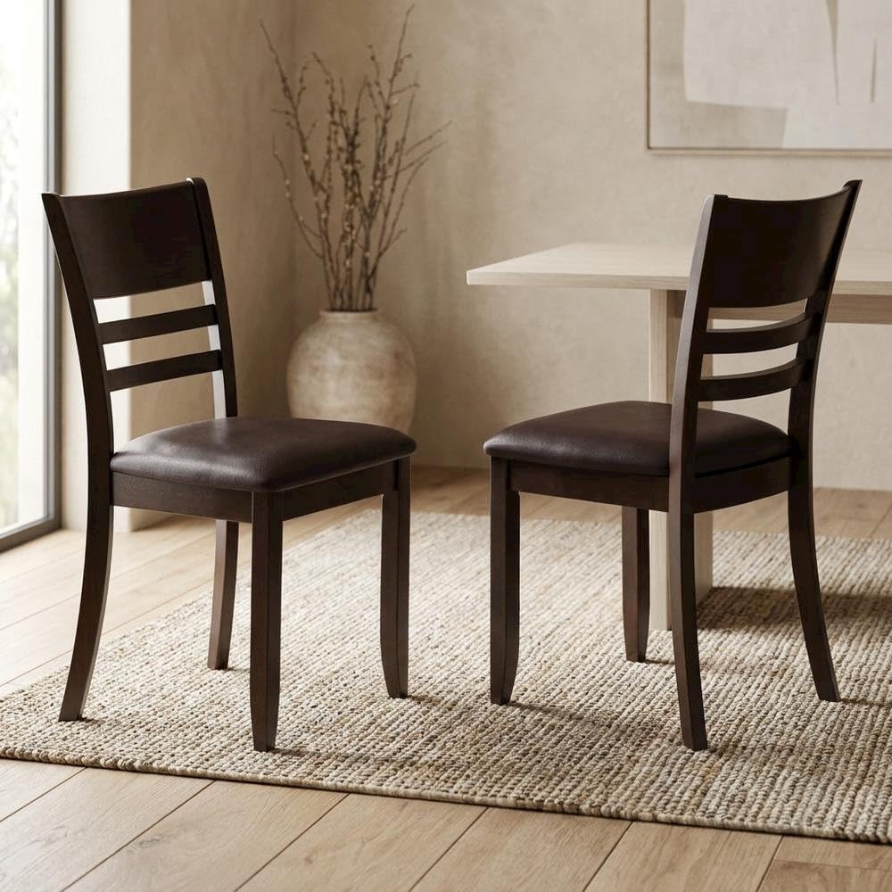 Solid Wood Faux Leather-Upholstered Dining Chairs Set of by Furnifact – Wood, Brown, Pack of 2