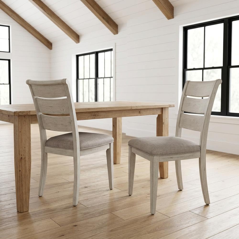 Linen-Upholstered Ladder Back Side Chairs Set of by Starlight Canyon Home – Solid + Manufactured Wood, White, Pack of 2