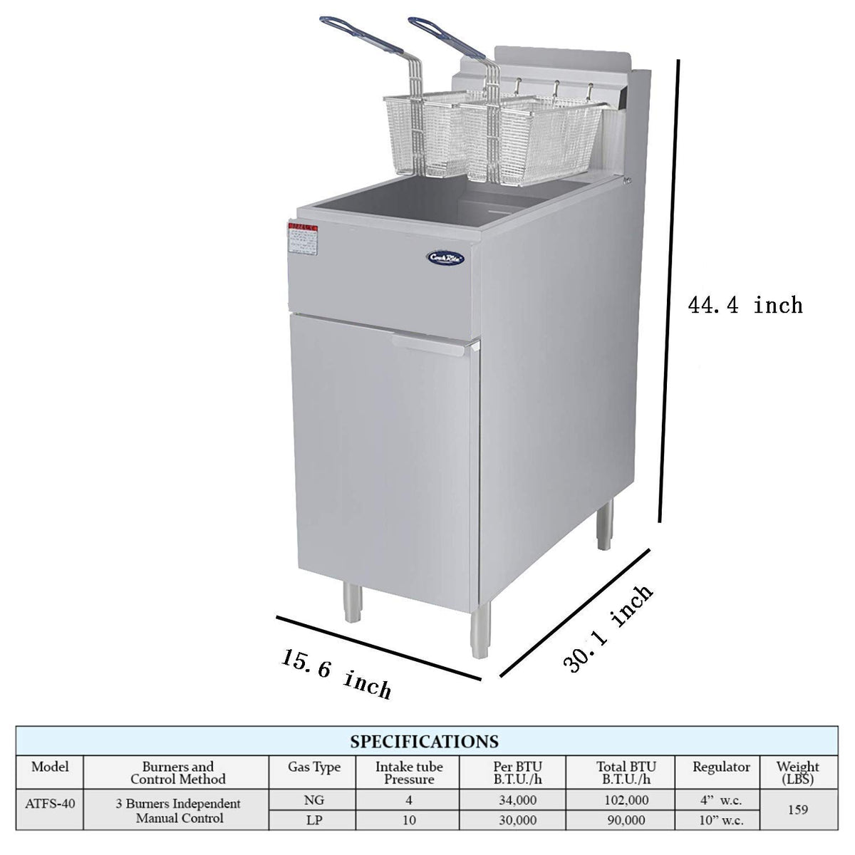 Atosa ATFS-40 Commercial Fryer by Cook Rite – Stainless Steel, Model ATFS-40(LP)