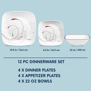 Square Splendor 12-piece Dinnerware Set with Appetizer Plates by Corelle – Dinner set with Appetaizer Plates, Triple-layer-strong glass, Model 1142725