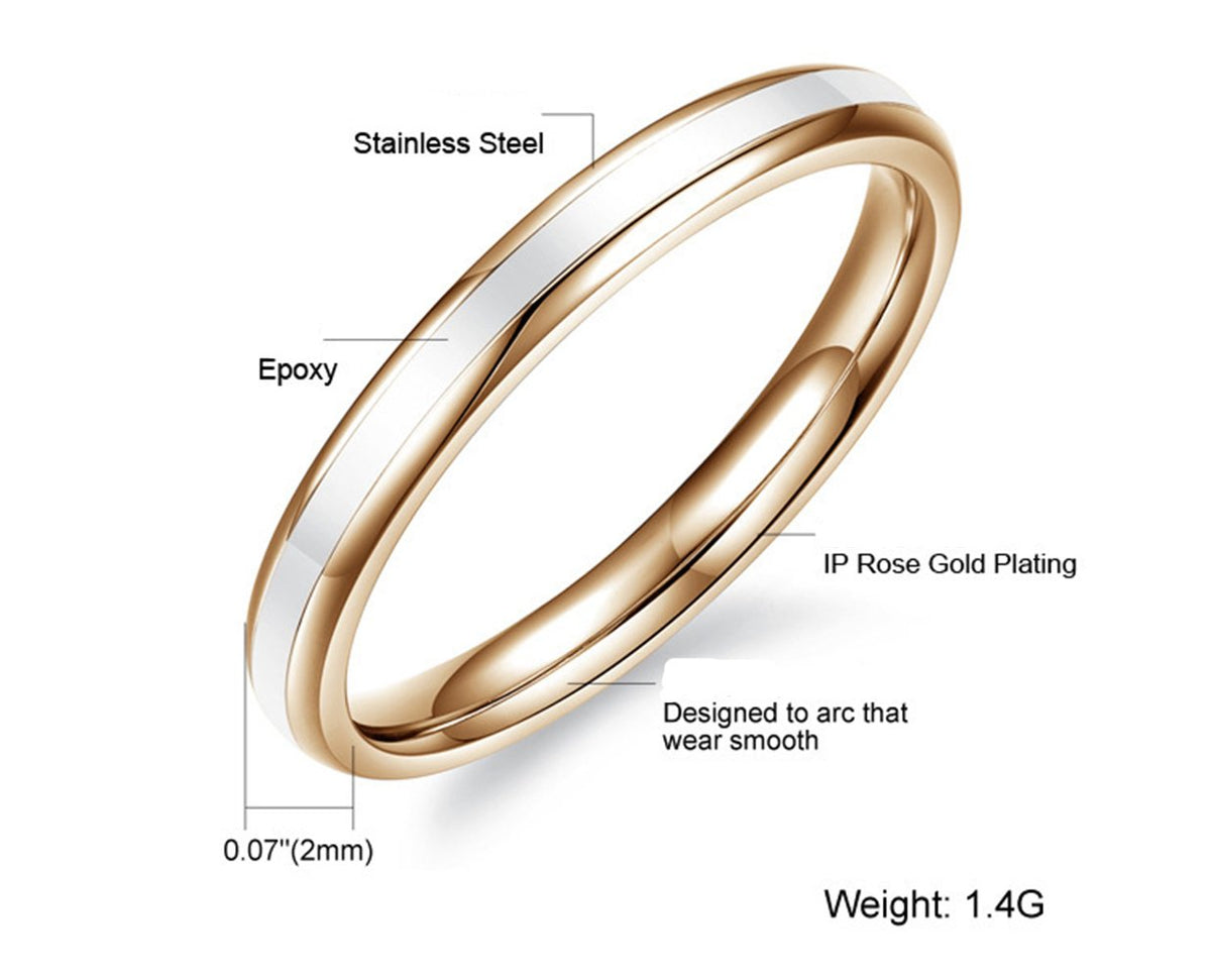 Womens 2mm Elegant Stainless Steel Channel Set White Epoxy Ring Engagement Wedding Rose Gold Edges Band by Fashion Month – Titanium, Rose Gold,White, Model tg-ring208-8