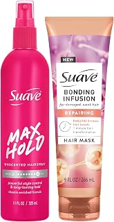 Suave Bond Repair Hair Mask, Bonding Infusion, 1 Minute Hair Treatment + Max Hold Hairspray, Non-Aerosol, Unscented