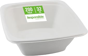 Responsible Products 100% Compostable Square Serving Bowls, 32 oz Disposable Paper Bowls, Microwave Safe, Freezer Safe, Soup Safe, No Plastic, Eco-Friendly, Tree-Free, No PFAS. White (200 Count)