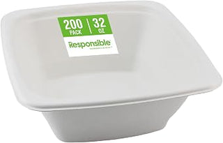Responsible Products 100% Compostable Square Serving Bowls, 32 oz Disposable Paper Bowls, Microwave Safe, Freezer Safe, Soup Safe, No Plastic, Eco-Friendly, Tree-Free, No PFAS. White (200 Count)