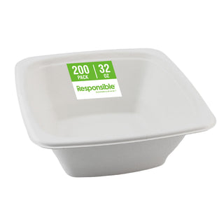 100% Compostable Square Serving Bowls by Responsible Products – 32 oz (200 Count), 32.0 fluid_ounces, Renewable Plant Fiber, Classic White, Pack of 200