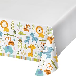 Creative Converting Border Print Plastic Tablecover, Happi Jungle - 324593, White, 54" x 102"